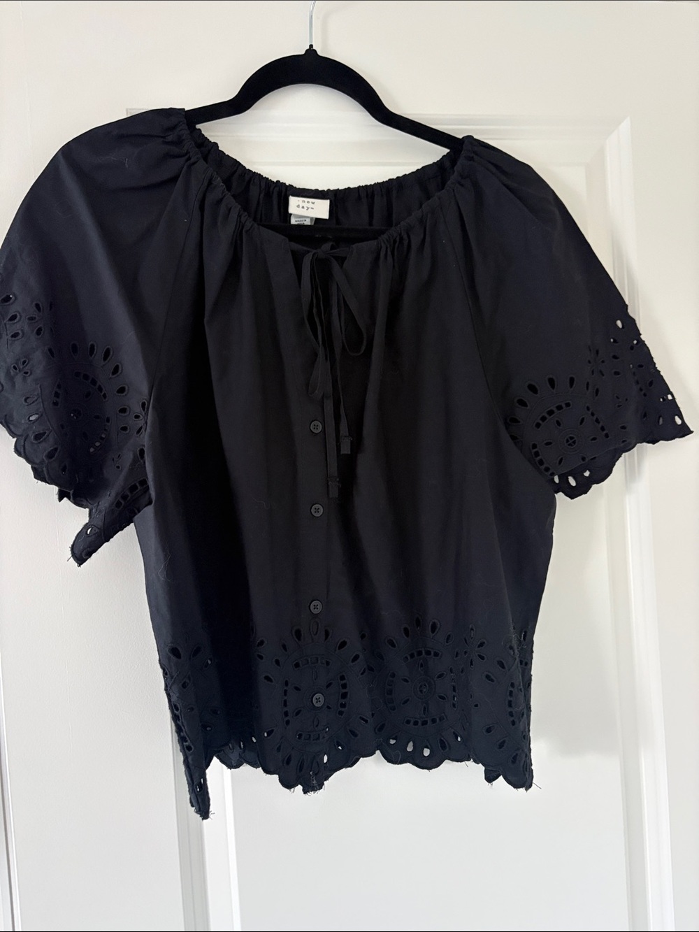 a new day Black Eyelet Tie-Neck Peasant Blouse